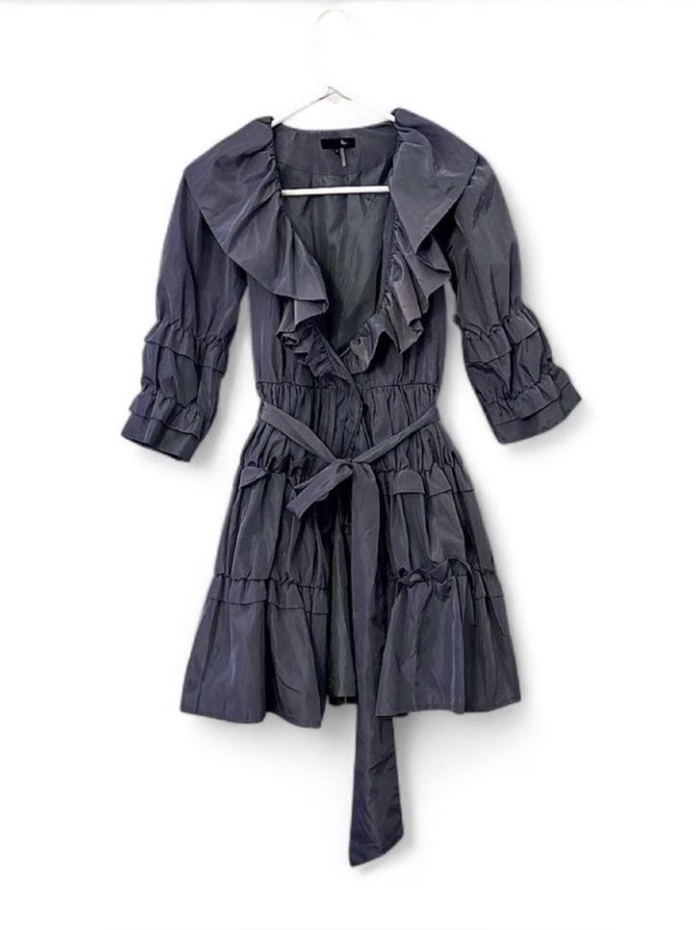 Ryu Ruffled V-Neck Tie-Waist Mini Dress in Charcoal Gray